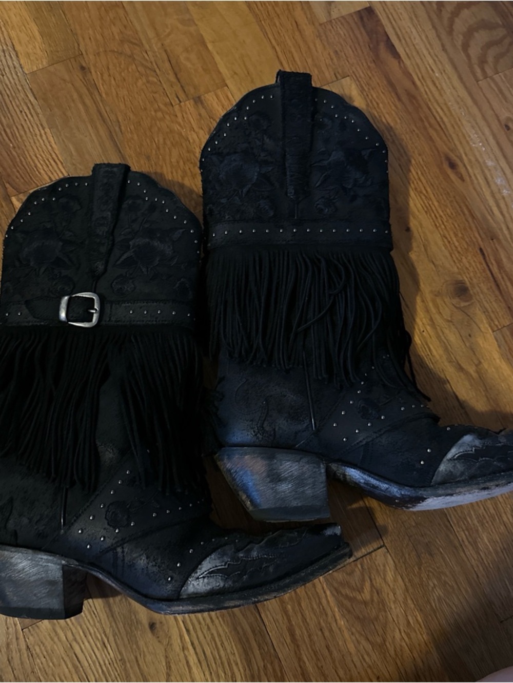 Dan Post Black Fringe Western Ankle Boots with Studs - Picture 2 of 5